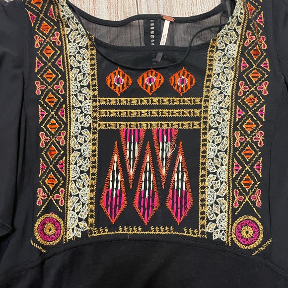 Free People black long sleeve double ruffle top embroidery on front size small - Picture 3 of 4